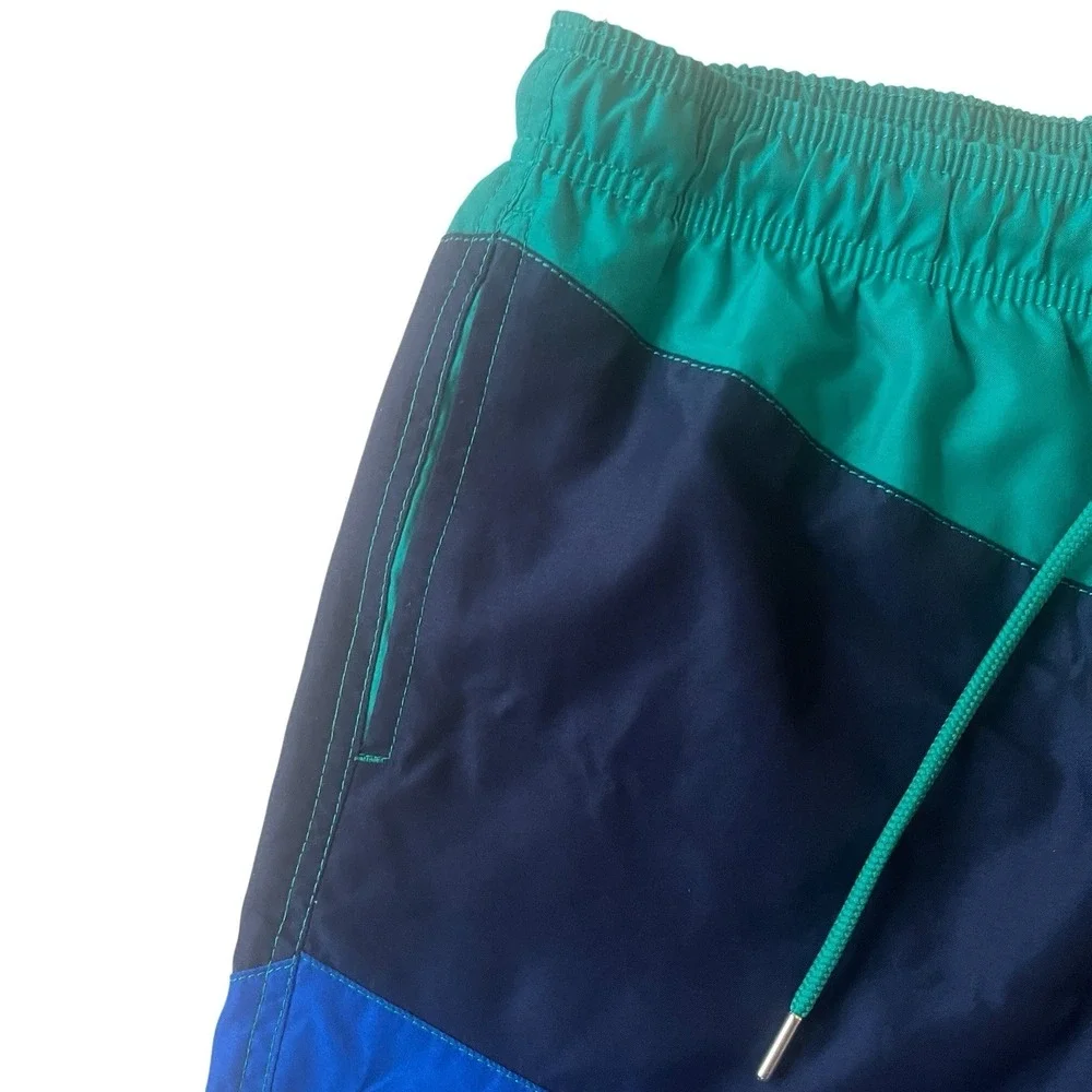 Lands' End Mens Size S 28-30 Swim Trunks Colorblock Green Blue Drawstring‎